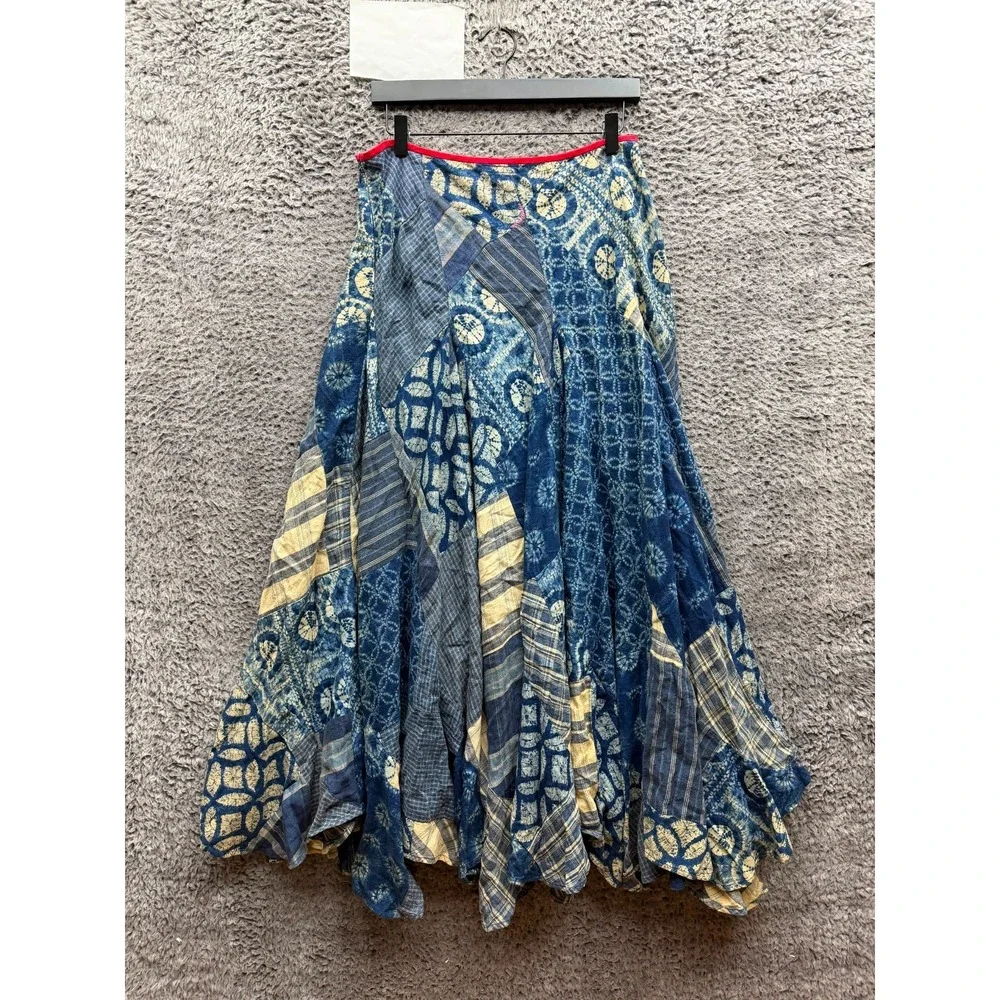 Ralph Lauren Linen-Cotton Patchwork Flared Maxi Skirt Indigo Womens Size 12